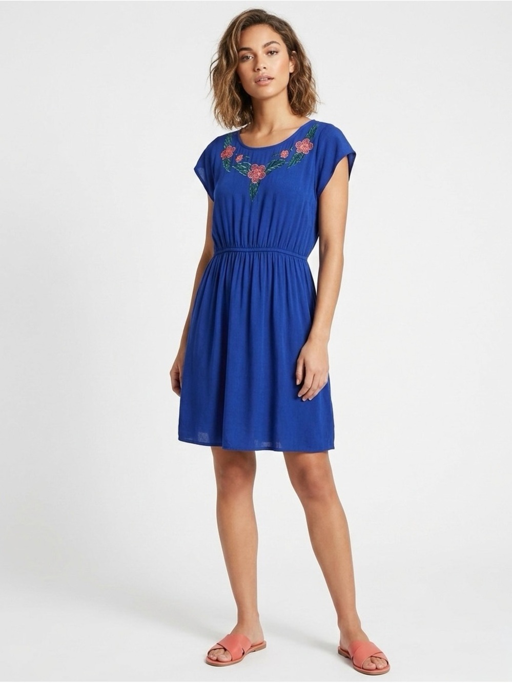 Forever 21 Blue Mini Dress with Pink Floral Embroidery